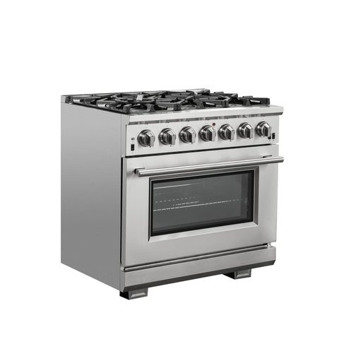 Forno Capriasca 36-Inch Gas Range, Stainless Steel, 6 Brass Burners, 120,000 BTU, Convection Oven, Energy Efficient