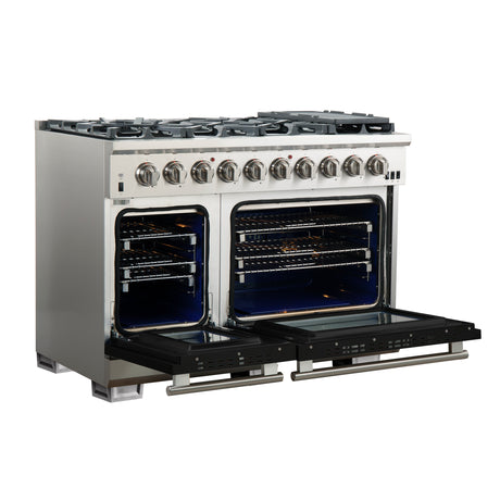 FORNO Capriasca 48-inch Gas Range Stainless Steel, 8 Brass Burners 160,000 BTU, 6.58 cu.ft. Double Oven, Black Doors