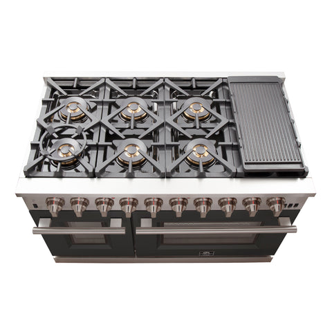 FORNO Capriasca 48-inch Gas Range Stainless Steel, 8 Brass Burners 160,000 BTU, 6.58 cu.ft. Double Oven, Black Doors
