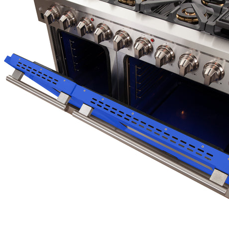 FORNO Capriasca 48-inch Gas Range Stainless Steel, 8 Brass Burners 160,000 BTU, 6.58 cu.ft. Double Oven, Blue Doors