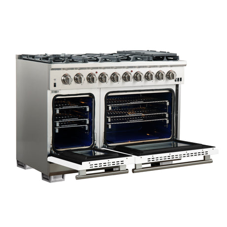 FORNO Capriasca 48-inch Gas Range Stainless Steel, 8 Brass Burners 160,000 BTU, 6.58 cu.ft. Double Oven, White Doors