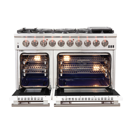FORNO Capriasca 48-inch Gas Range Stainless Steel, 8 Brass Burners 160,000 BTU, 6.58 cu.ft. Double Oven, White Doors