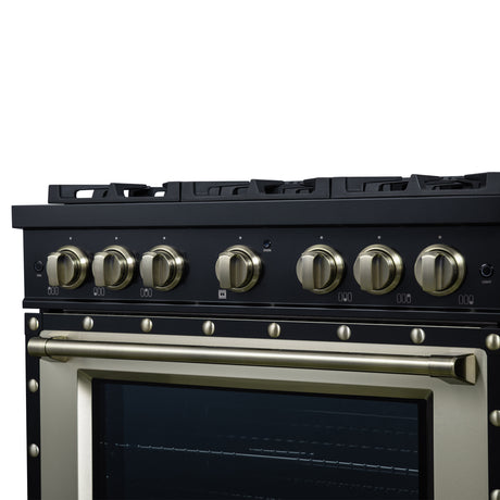 Valente 36" Gas Range in Black, 6 Sealed Burnes, 71 000 BTU Cooktop Output , 5.2 Cu.Ft. convection Oven, Telescopic Racks