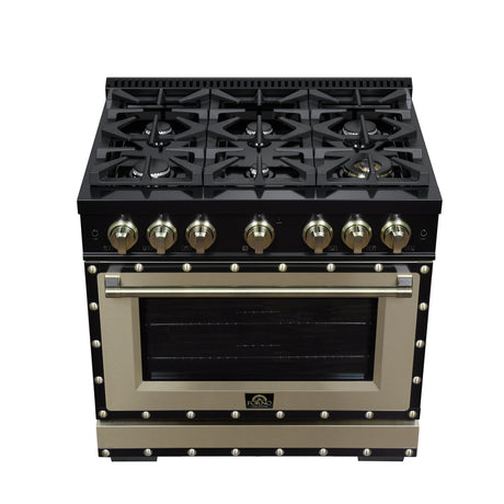 Valente 36" Gas Range in Black, 6 Sealed Burnes, 71 000 BTU Cooktop Output , 5.2 Cu.Ft. convection Oven, Telescopic Racks