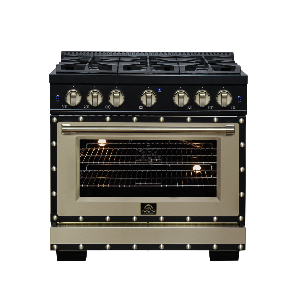 Valente 36" Gas Range in Black, 6 Sealed Burnes, 71 000 BTU Cooktop Output , 5.2 Cu.Ft. convection Oven, Telescopic Racks