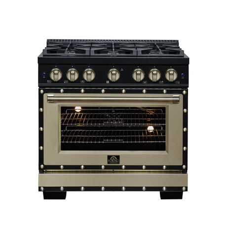 Valente 36" Gas Range in Black, 6 Sealed Burnes, 71 000 BTU Cooktop Output , 5.2 Cu.Ft. convection Oven, Telescopic Racks