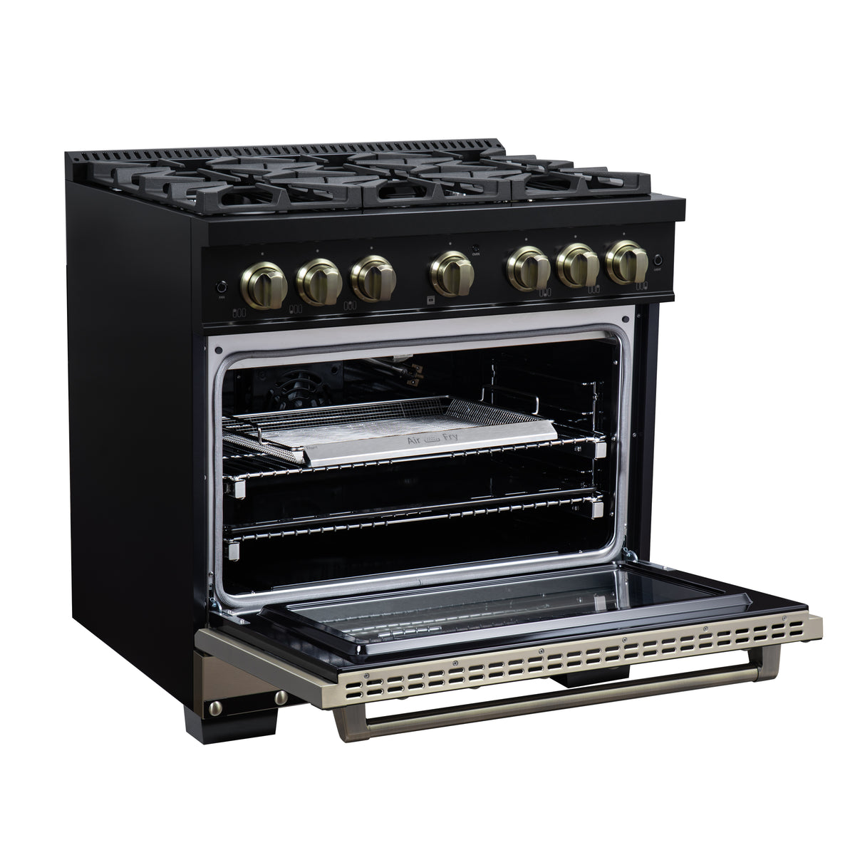 Valente 36" Gas Range in Black, 6 Sealed Burnes, 71 000 BTU Cooktop Output , 5.2 Cu.Ft. convection Oven, Telescopic Racks
