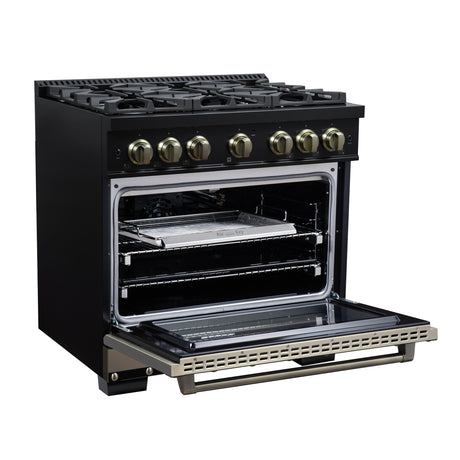 Valente 36" Gas Range in Black, 6 Sealed Burnes, 71 000 BTU Cooktop Output , 5.2 Cu.Ft. convection Oven, Telescopic Racks