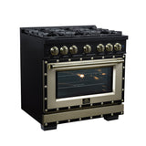 Valente 36" Gas Range in Black, 6 Sealed Burnes, 71 000 BTU Cooktop Output , 5.2 Cu.Ft. convection Oven, Telescopic Racks
