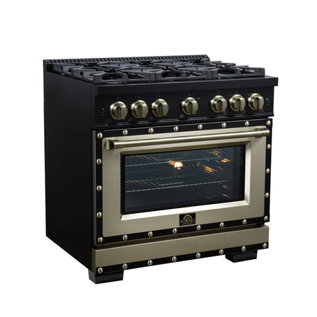 Valente 36" Gas Range in Black, 6 Sealed Burnes, 71 000 BTU Cooktop Output , 5.2 Cu.Ft. convection Oven, Telescopic Racks