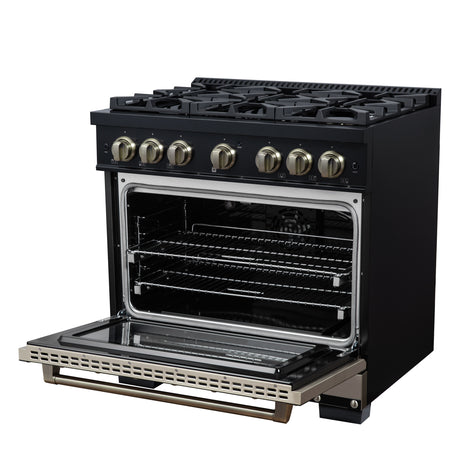 Valente 36" Gas Range in Black, 6 Sealed Burnes, 71 000 BTU Cooktop Output , 5.2 Cu.Ft. convection Oven, Telescopic Racks