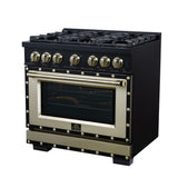 Valente 36" Gas Range in Black, 6 Sealed Burnes, 71 000 BTU Cooktop Output , 5.2 Cu.Ft. convection Oven, Telescopic Racks