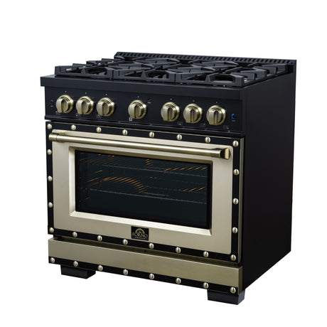 Valente 36" Gas Range in Black, 6 Sealed Burnes, 71 000 BTU Cooktop Output , 5.2 Cu.Ft. convection Oven, Telescopic Racks