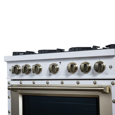 Valente 36" Gas Range in White, 6 Sealed Burnes, 71 000 BTU Cooktop Output , 5.2 Cu.Ft. convection Oven, Telescopic Racks