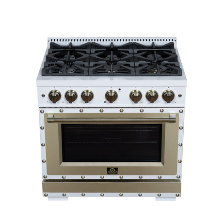 Valente 36" Gas Range in White, 6 Sealed Burnes, 71 000 BTU Cooktop Output , 5.2 Cu.Ft. convection Oven, Telescopic Racks