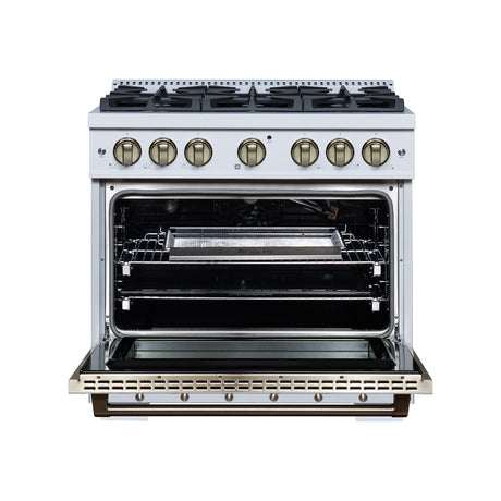 Valente 36" Gas Range in White, 6 Sealed Burnes, 71 000 BTU Cooktop Output , 5.2 Cu.Ft. convection Oven, Telescopic Racks