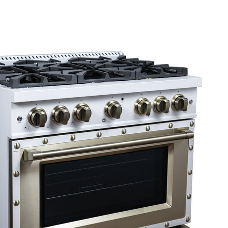 Valente 36" Gas Range in White, 6 Sealed Burnes, 71 000 BTU Cooktop Output , 5.2 Cu.Ft. convection Oven, Telescopic Racks