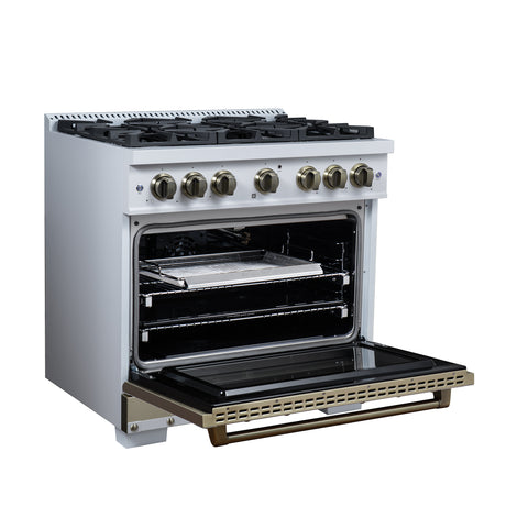 Valente 36" Gas Range in White, 6 Sealed Burnes, 71 000 BTU Cooktop Output , 5.2 Cu.Ft. convection Oven, Telescopic Racks