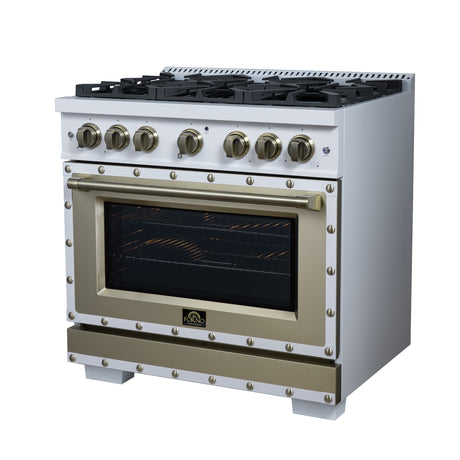 Valente 36" Gas Range in White, 6 Sealed Burnes, 71 000 BTU Cooktop Output , 5.2 Cu.Ft. convection Oven, Telescopic Racks