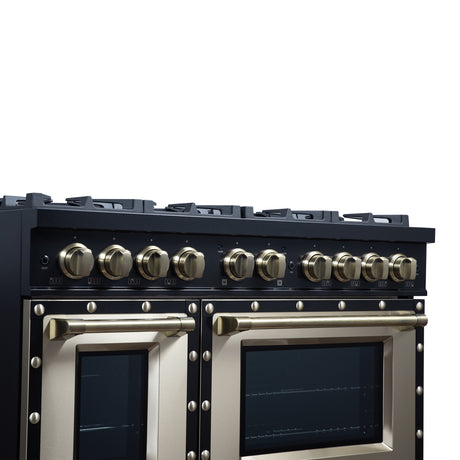 Valente 48" Gas Range in Black, 8 Sealed Burnes, 94 000 BTU Cooktop Output, 6.7 Cu.Ft. Double Oven, Telescopic Racks