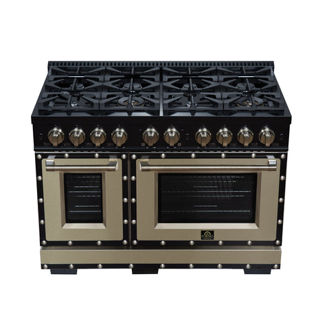Valente 48" Gas Range in Black, 8 Sealed Burnes, 94 000 BTU Cooktop Output, 6.7 Cu.Ft. Double Oven, Telescopic Racks