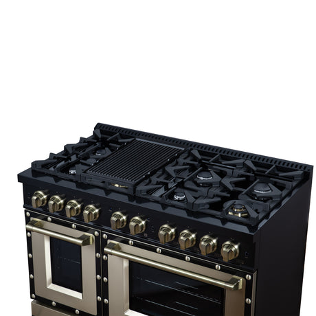 Valente 48" Gas Range in Black, 8 Sealed Burnes, 94 000 BTU Cooktop Output, 6.7 Cu.Ft. Double Oven, Telescopic Racks