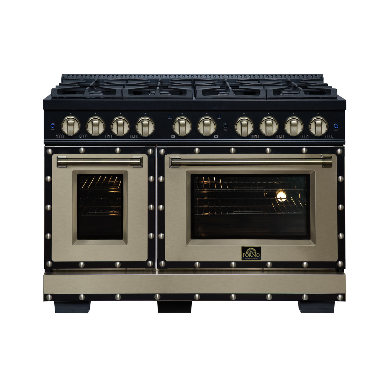 Valente 48" Gas Range in Black, 8 Sealed Burnes, 94 000 BTU Cooktop Output, 6.7 Cu.Ft. Double Oven, Telescopic Racks