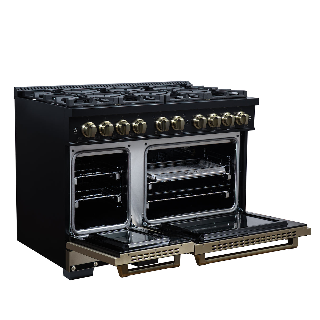 Valente 48" Gas Range in Black, 8 Sealed Burnes, 94 000 BTU Cooktop Output, 6.7 Cu.Ft. Double Oven, Telescopic Racks