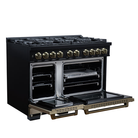 Valente 48" Gas Range in Black, 8 Sealed Burnes, 94 000 BTU Cooktop Output, 6.7 Cu.Ft. Double Oven, Telescopic Racks