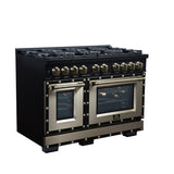 Valente 48" Gas Range in Black, 8 Sealed Burnes, 94 000 BTU Cooktop Output, 6.7 Cu.Ft. Double Oven, Telescopic Racks