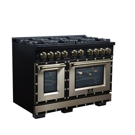 Valente 48" Gas Range in Black, 8 Sealed Burnes, 94 000 BTU Cooktop Output, 6.7 Cu.Ft. Double Oven, Telescopic Racks