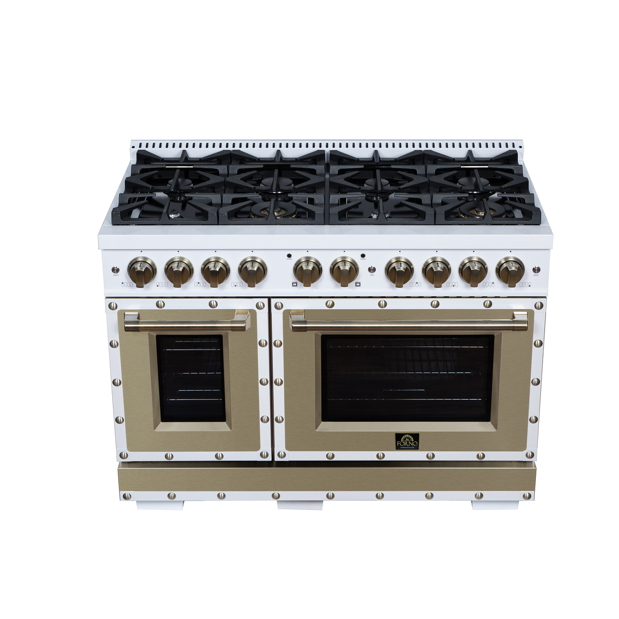 Valente 48" Gas Range in White, 8 Sealed Burnes, 94 000 BTU Cooktop Output, 6.7 Cu.Ft. Double Oven, Telescopic Racks