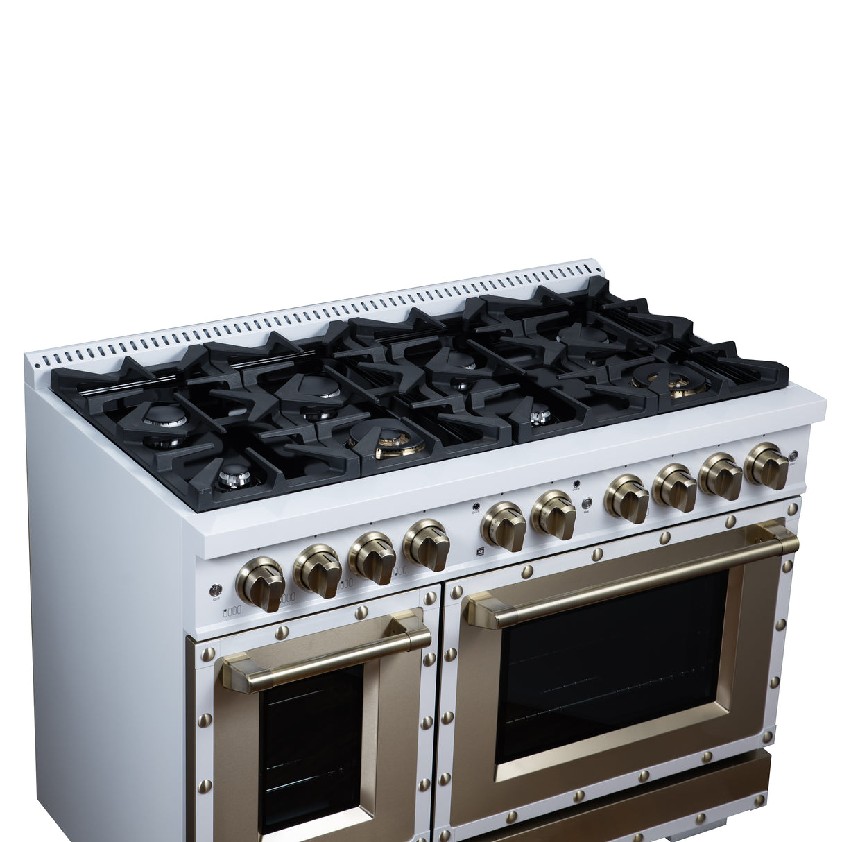 Valente 48" Gas Range in White, 8 Sealed Burnes, 94 000 BTU Cooktop Output, 6.7 Cu.Ft. Double Oven, Telescopic Racks