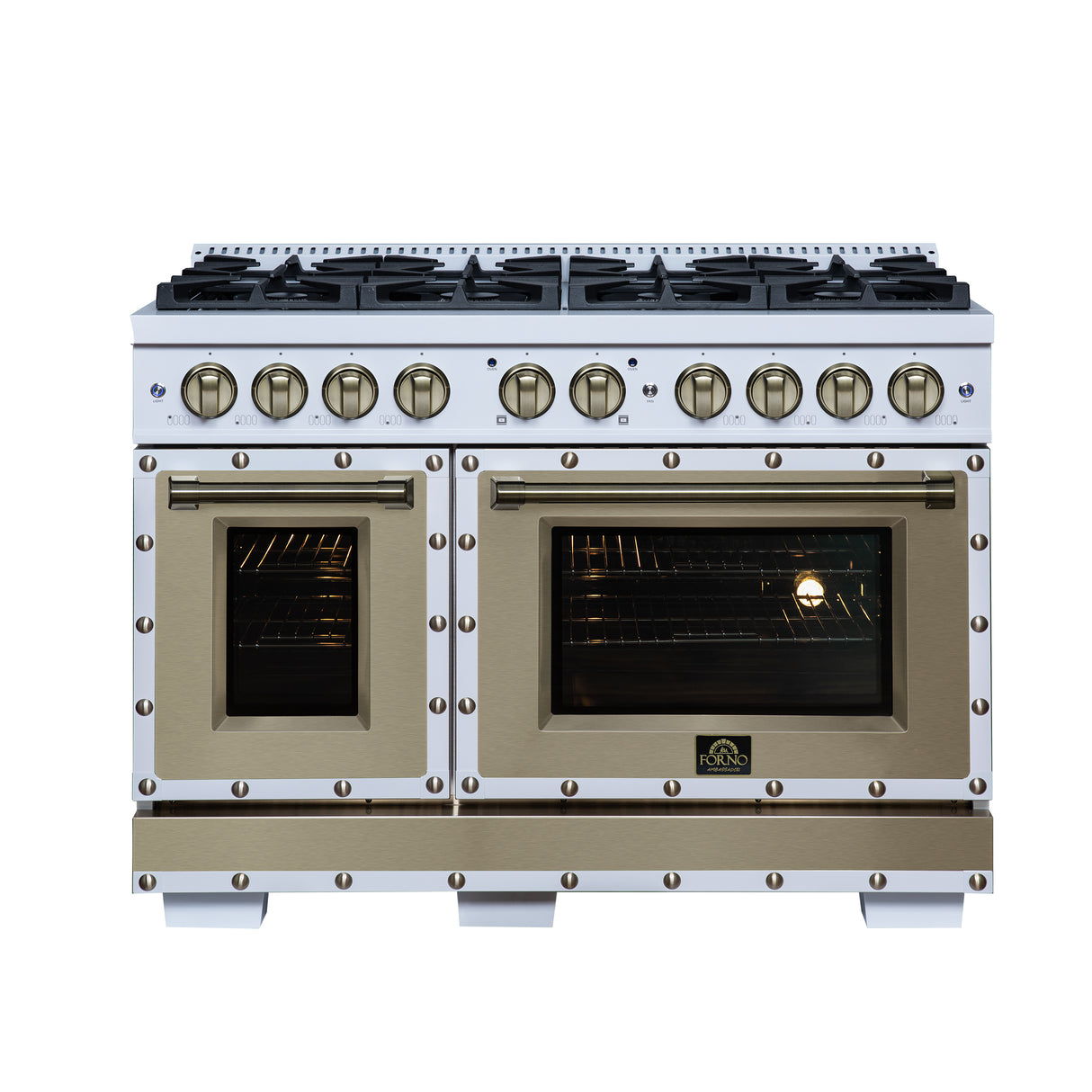 Valente 48" Gas Range in White, 8 Sealed Burnes, 94 000 BTU Cooktop Output, 6.7 Cu.Ft. Double Oven, Telescopic Racks