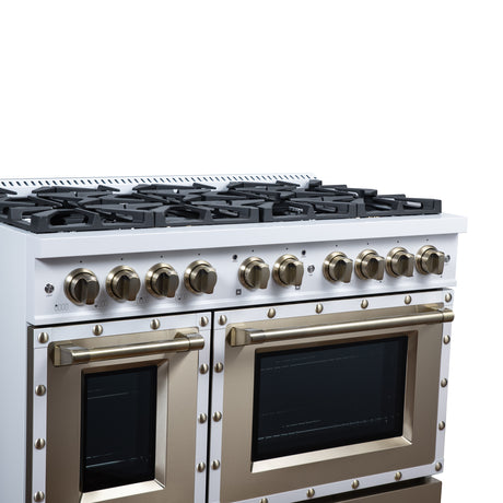 Valente 48" Gas Range in White, 8 Sealed Burnes, 94 000 BTU Cooktop Output, 6.7 Cu.Ft. Double Oven, Telescopic Racks