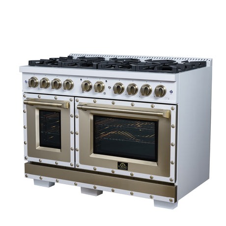 Valente 48" Gas Range in White, 8 Sealed Burnes, 94 000 BTU Cooktop Output, 6.7 Cu.Ft. Double Oven, Telescopic Racks