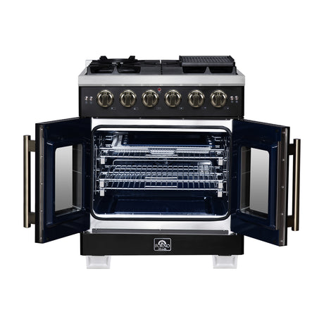 Forno Capriasca 30-Inch Freestanding French Door Gas Range, 4 Burners, Convection Oven, Energy Efficient