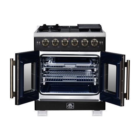 Forno Capriasca 30-Inch Freestanding French Door Gas Range, 4 Burners, Convection Oven, Energy Efficient