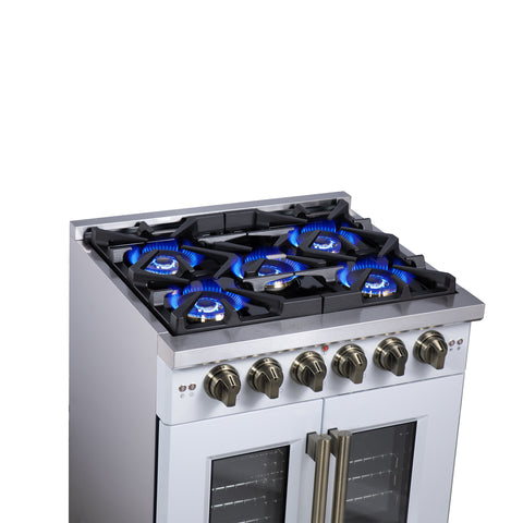 Forno Capriasca 30-Inch White Freestanding French Door Gas Range, 4 Burners, Convection Oven, Energy Efficient