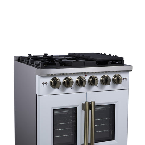 Forno Capriasca 30-Inch White Freestanding French Door Gas Range, 4 Burners, Convection Oven, Energy Efficient