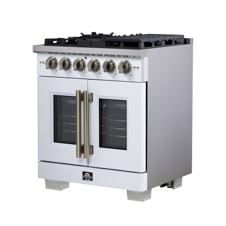 Forno Capriasca 30-Inch White Freestanding French Door Gas Range, 4 Burners, Convection Oven, Energy Efficient