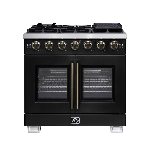 Forno Capriasca 36-Inch Black Freestanding French Door Gas Range, 6 Burners, Convection Oven, Energy Efficient