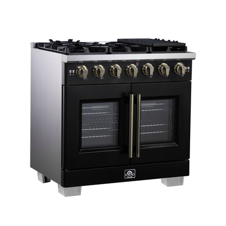 Forno Capriasca 36-Inch Black Freestanding French Door Gas Range, 6 Burners, Convection Oven, Energy Efficient