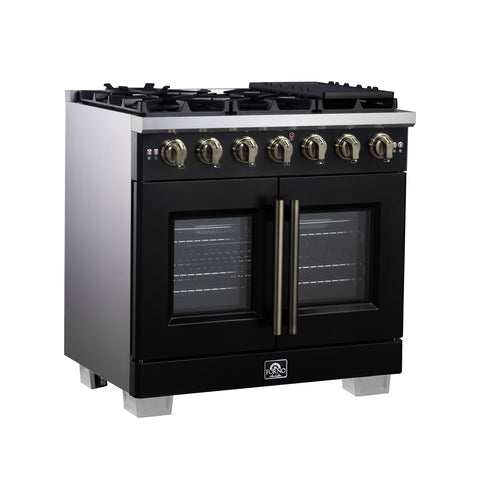 Forno Capriasca 36-Inch Black Freestanding French Door Gas Range, 6 Burners, Convection Oven, Energy Efficient