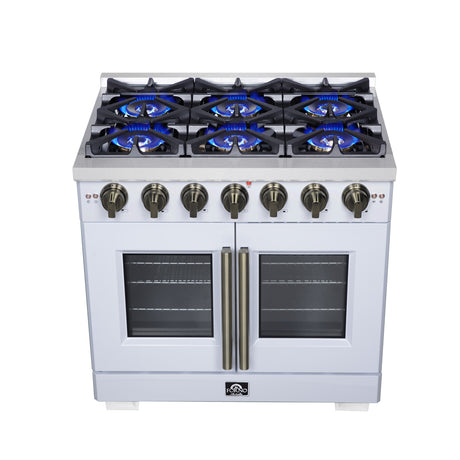 Forno Capriasca 36-Inch White Freestanding French Door Gas Range, 6 Burners, Convection Oven, Energy Efficient