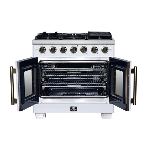 Forno Capriasca 36-Inch White Freestanding French Door Gas Range, 6 Burners, Convection Oven, Energy Efficient