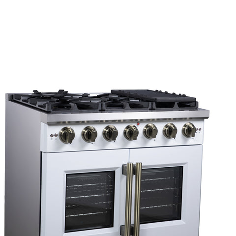 Forno Capriasca 36-Inch White Freestanding French Door Gas Range, 6 Burners, Convection Oven, Energy Efficient