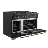 Forno Antico 48-Inch Freestanding Gas Range, Black, Antique Brass Design, 8 Burners, Griddle, Double Ovens, Energy Efficient