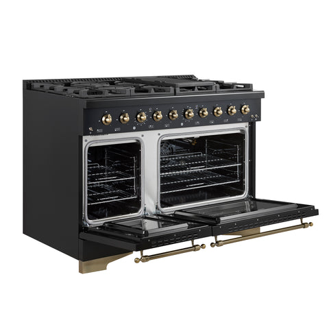 Forno Antico 48-Inch Freestanding Gas Range, Black, Antique Brass Design, 8 Burners, Griddle, Double Ovens, Energy Efficient
