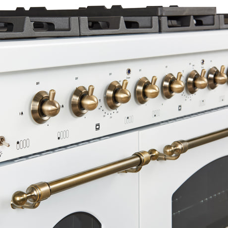 Forno Antico 48-Inch Freestanding Gas Range, White, Antique Brass Design, 8 Burners, Griddle, Double Ovens, Energy Efficient